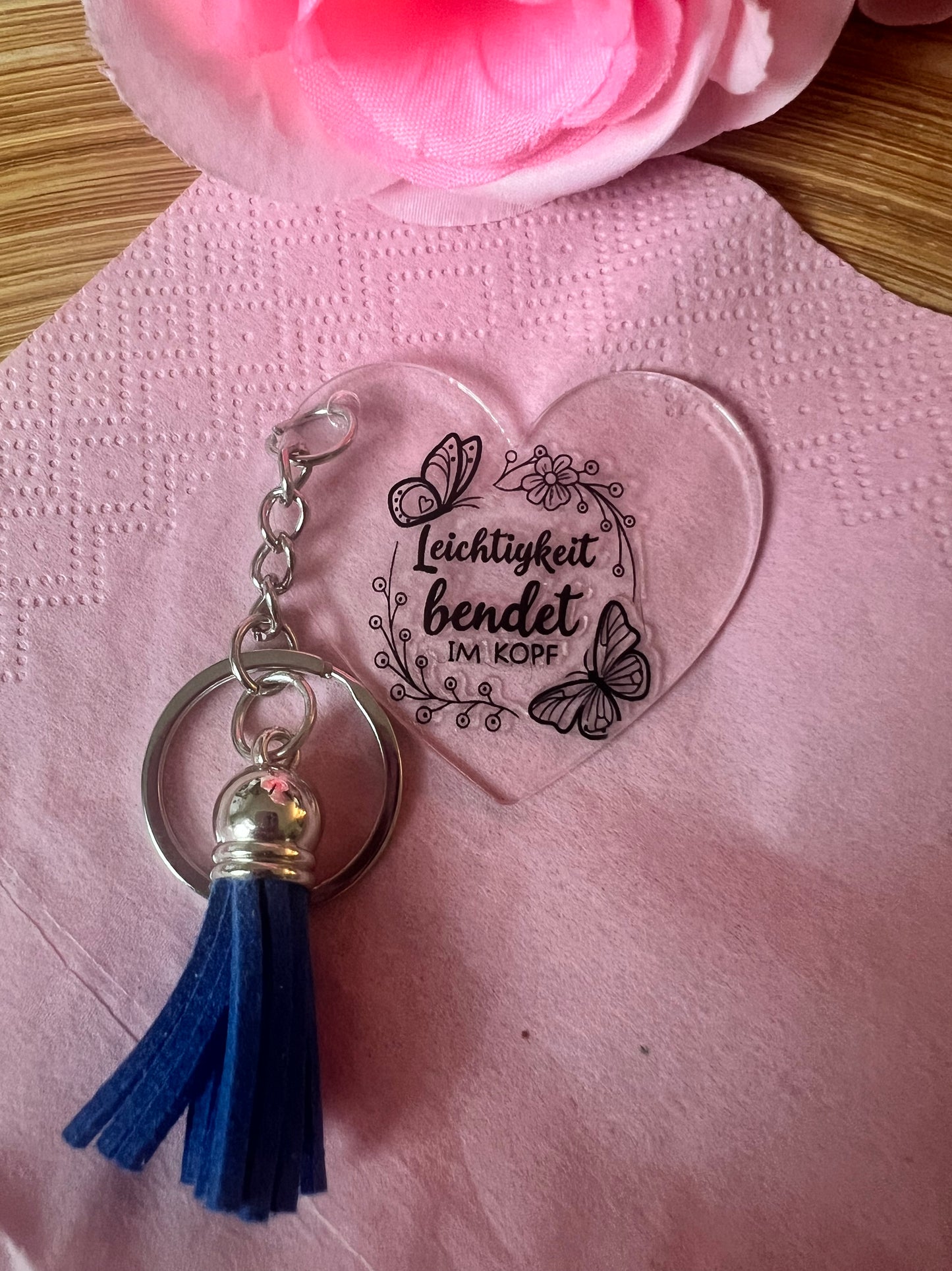 Herz- oder Hotel-Schlüsselanhänger aus Plexiglas mit inspirierendem Spruch