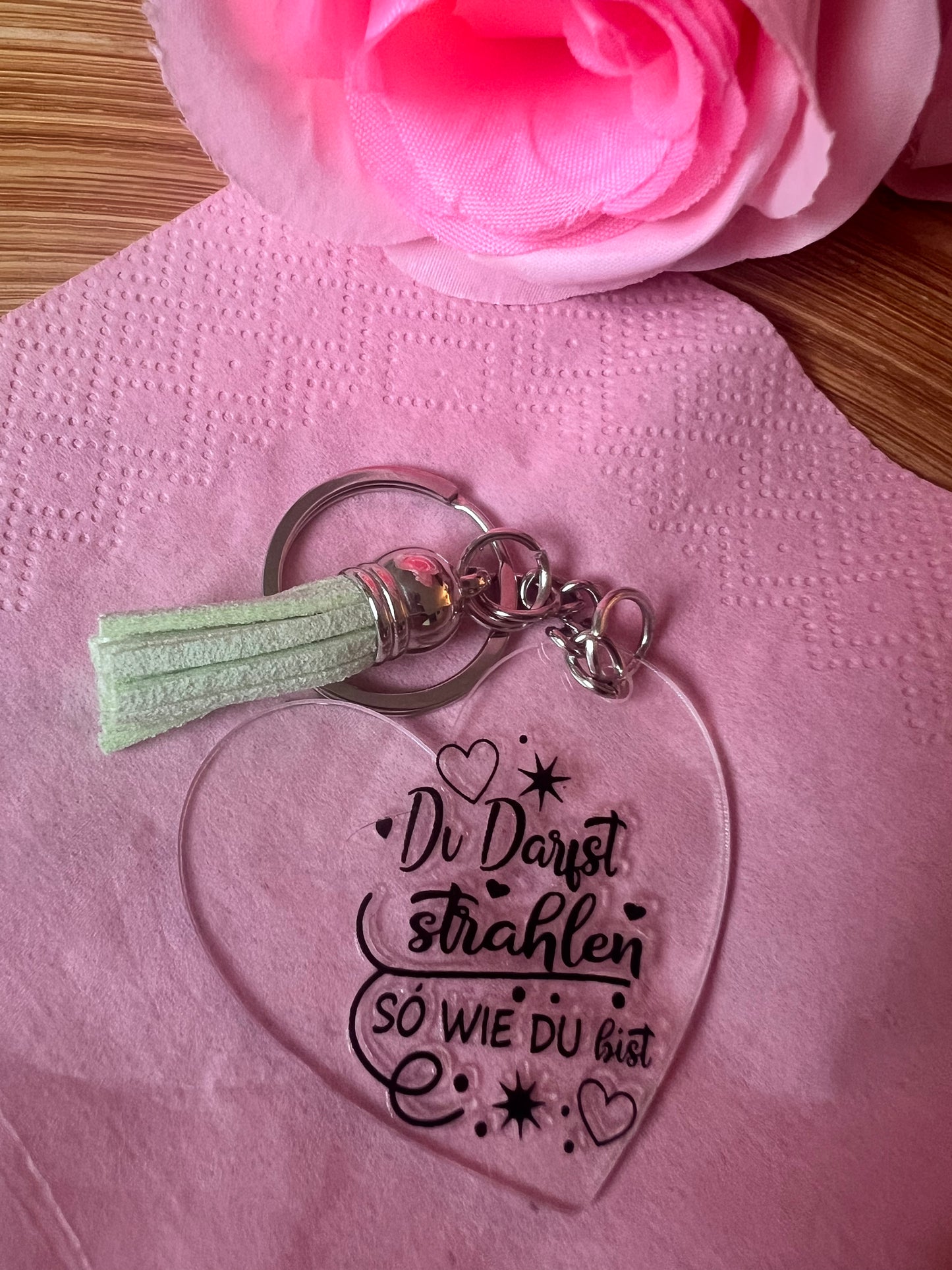 Herz- oder Hotel-Schlüsselanhänger aus Plexiglas mit inspirierendem Spruch