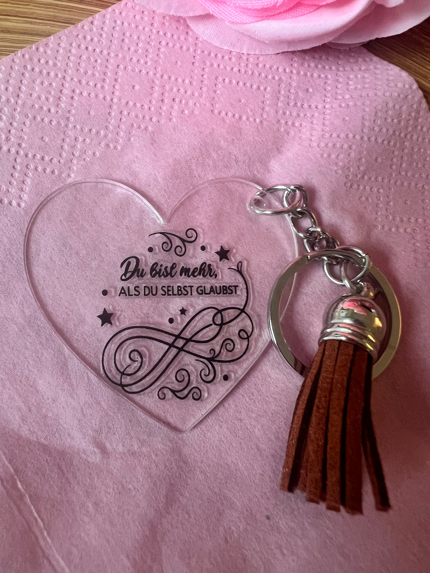 Herz- oder Hotel-Schlüsselanhänger aus Plexiglas mit inspirierendem Spruch